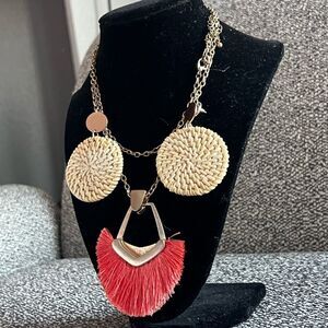 Coral Tassel Necklace with Grass Round Earrings Bundle